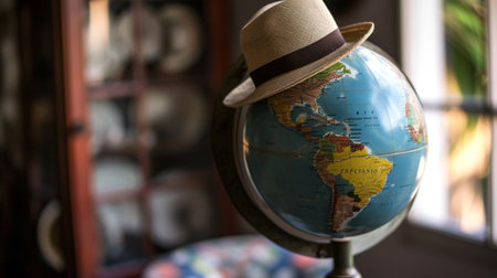 globe with hat hanging on the globe holderの素材