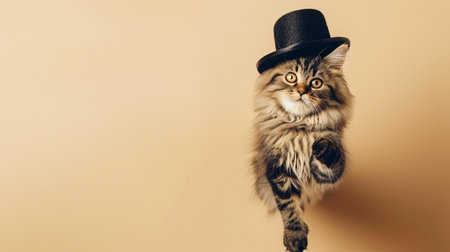 jumping cute fluffy cat uses black hat isolated on clean cream backgroundの素材