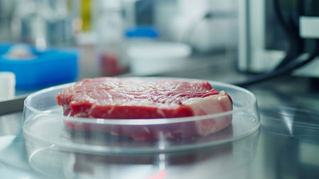 Meat sample in open disposable plastic cell culture dish in modern laboratory or productionの素材