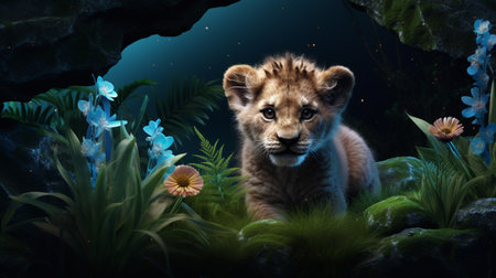 black background. cute baby lion with light blue eyes, on the enchanted fairy forestの素材