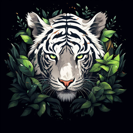 abstract paint white tiger, surrounded by trophical leaf, black backgroundの素材