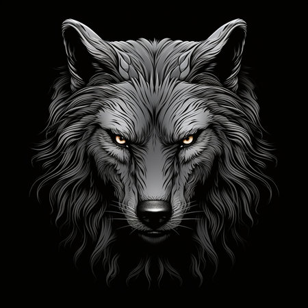 black white wolf face calm face isolated on a black backgroundの素材