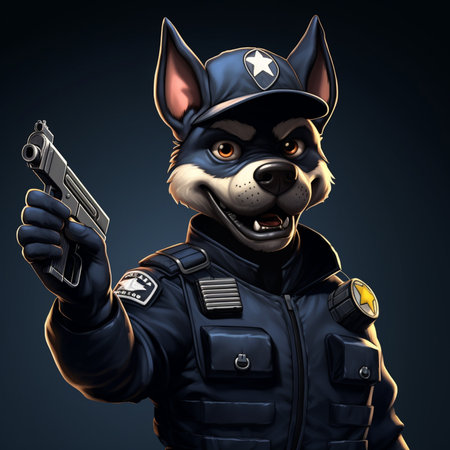 cartoon dog wearing police uniforms, gun on hand, black backgroundの素材