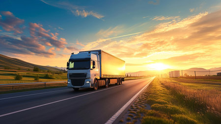 Cargo truck driving through landscape at sunsetの素材