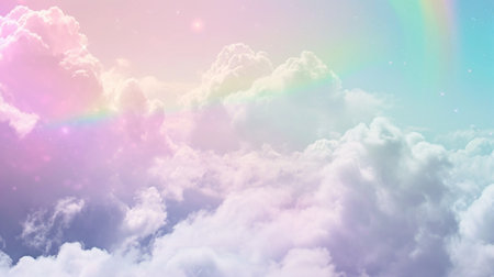 Cloudy sky background. Unicorn fantasy pastel galaxy. Rainbow cuteの素材