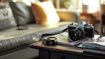 Coffee table with photo camera, magazine and books in interior of living roomの素材