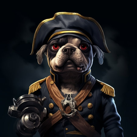 paint of dog wearing pirates uniforms, gun on hand, black backgroundの素材