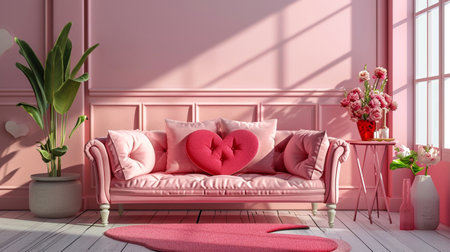 interior living pink room with pink sofa and heart valentineの素材