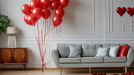 Valentine's Day, Interior of stylish living room with sofa and red balloonsの素材