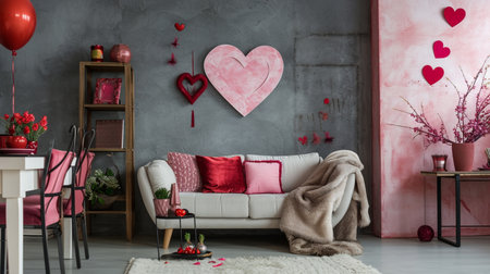 Interior of living room with sofa and decor for Valentine's Dayの素材
