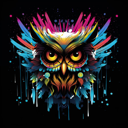 black background [2D MAD abstract feather graffiti colorful flying owl]の素材