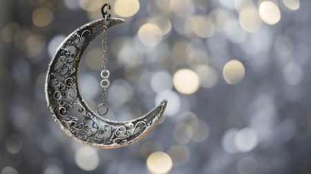 Ornament Crescent Moon Against Blurred Gray Bokeh Backgroundの素材