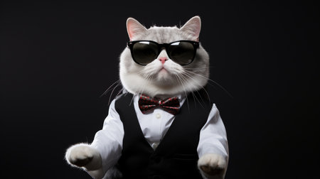 funny white fat cat wearing bowties and sunglassesの素材