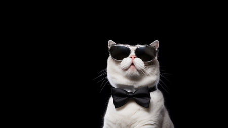 funny white fat cat wearing bowties and sunglassesの素材