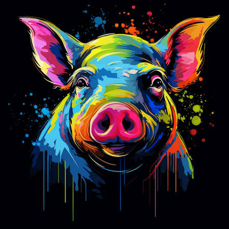 Pig. Abstract, neon, multi-colored portrait of a pig on a dark background. Generative AIの素材