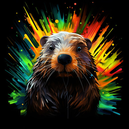 Beaver. Abstract, neon, multi-colored portrait of a Fluffy Beaver on dark background. Generative AIの素材