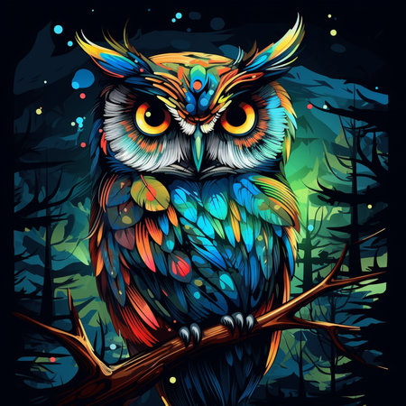 Owl in abstract colorful style. abstract pain art owl on dark background. Generative AIの素材