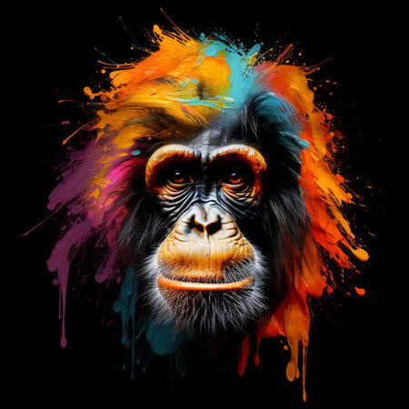 Top view black background abstract paint colorful paint curious orangutanの素材