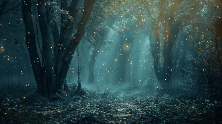 Magical dark fairy tale forest at night with glowing lights and fog und flying particlesの素材