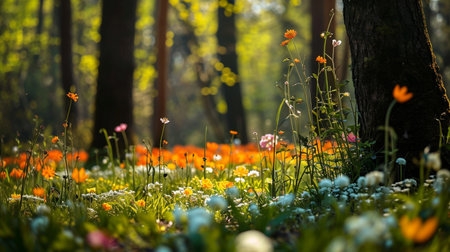 Magic spring forest with flowersの素材