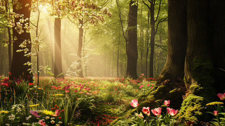 Magic spring forest with flowersの素材