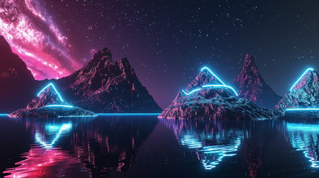 Modern futuristic fantasy night landscape with abstract islands and night sky with space galaxiesの素材