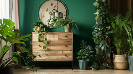 Modern chest of drawers with houseplants and mirror near green wall in roomの素材