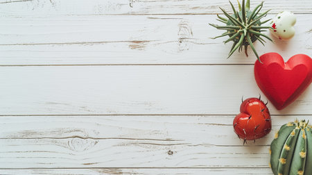 Mock up blank frame for an inscription with a heart and a cactus on a white wooden backgroundの素材