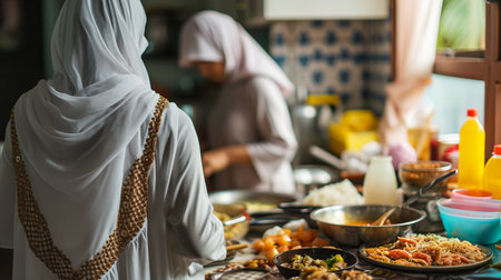 muslimah Women preparing dish for celebrate eid al-fitr in the kitchen. AI Generativeの素材