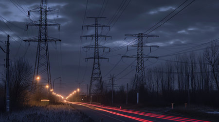 panoramic view of Extra high voltage overhead lines, power towers "SUTET". Generative AIの素材