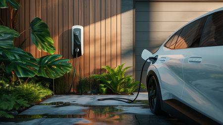Generic electric vehicle EV hybrid car is being charged from a wallbox. Generative AIの素材