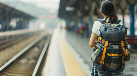 Young woman traveler with backpack in the railway, Backpack and hat at the train station. Generative AIの素材