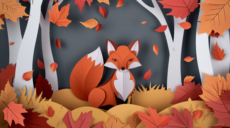 paper cut orange fox, on the autumn forest with falling leaves autumnの素材