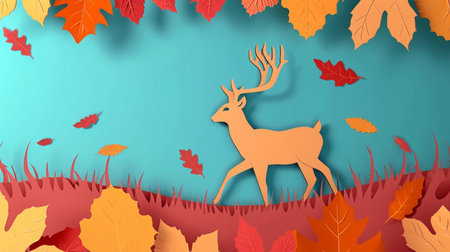 paper cut deer, on the colorful autumn forest with falling leaves autumnの素材