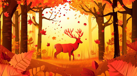paper cut deer, on the colorful autumn forest with falling leaves autumnの素材
