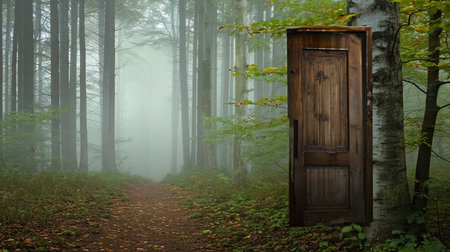 Opened door on the misty forrestの素材