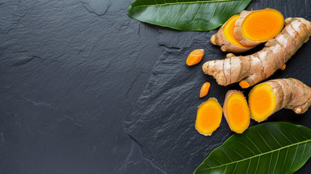 turmeric, turmeric slices and turmeric leaves on slate backgroundの素材