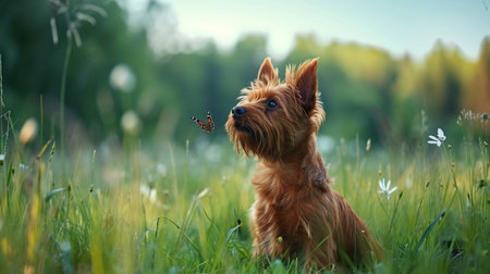 side view of Cute red scottish try to catch a butterfly on the meadow backgroundの素材