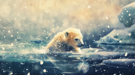 water color style of happy baby polar bear playing on freeze riverの素材