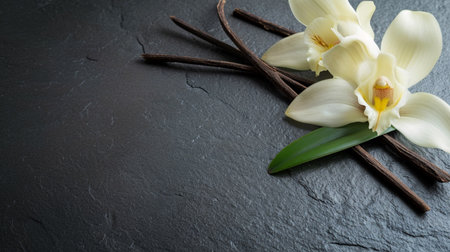 Vanilla on slate background. left blank space, copy spaceの素材