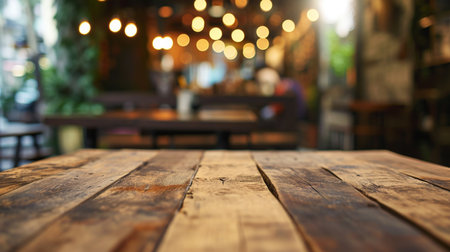 wood table on blur of cafe, coffee shop, bar, backgroundの素材