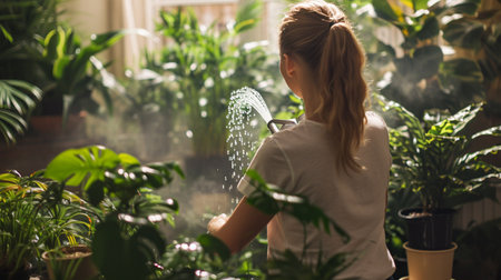 woman is taking care of houseplants. urban jungle interiorの素材