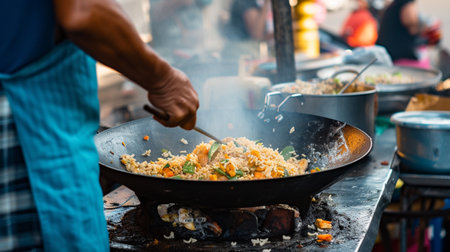 A man cooking fried rice on steel skillet pan for selling on the street foodの素材