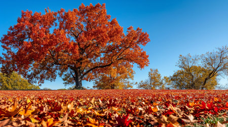 A picturesque autumn scene where a cluster of trees stands against a clear blue skyの素材