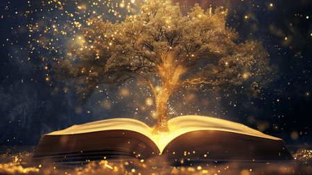 Beautiful ethereal golden tree of life growing out of the fantasy book at sparkling nightの素材