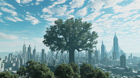 big modern city above the big treeの素材