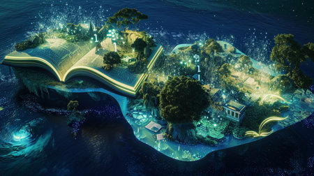 Envision a series of floating islands, each one a massive open book with landscapes and ecosystemsの素材