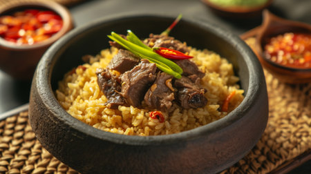 Beautiful Indonesian kebuli rice with delicious goat or lamb meatの素材