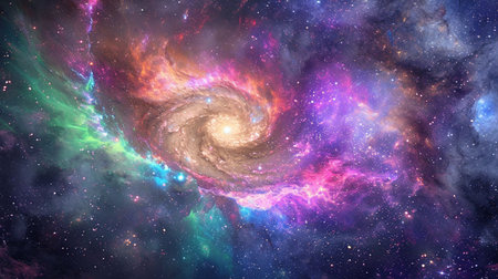 In this mesmerizing image, a colorful space galaxy unfoldsの素材