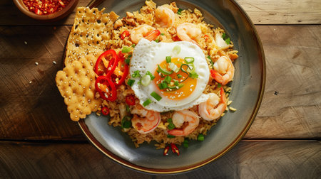 Nasi goreng- Indonesian fried rice with fried egg, chili, shrimp, kerupuk crackers in plateの素材